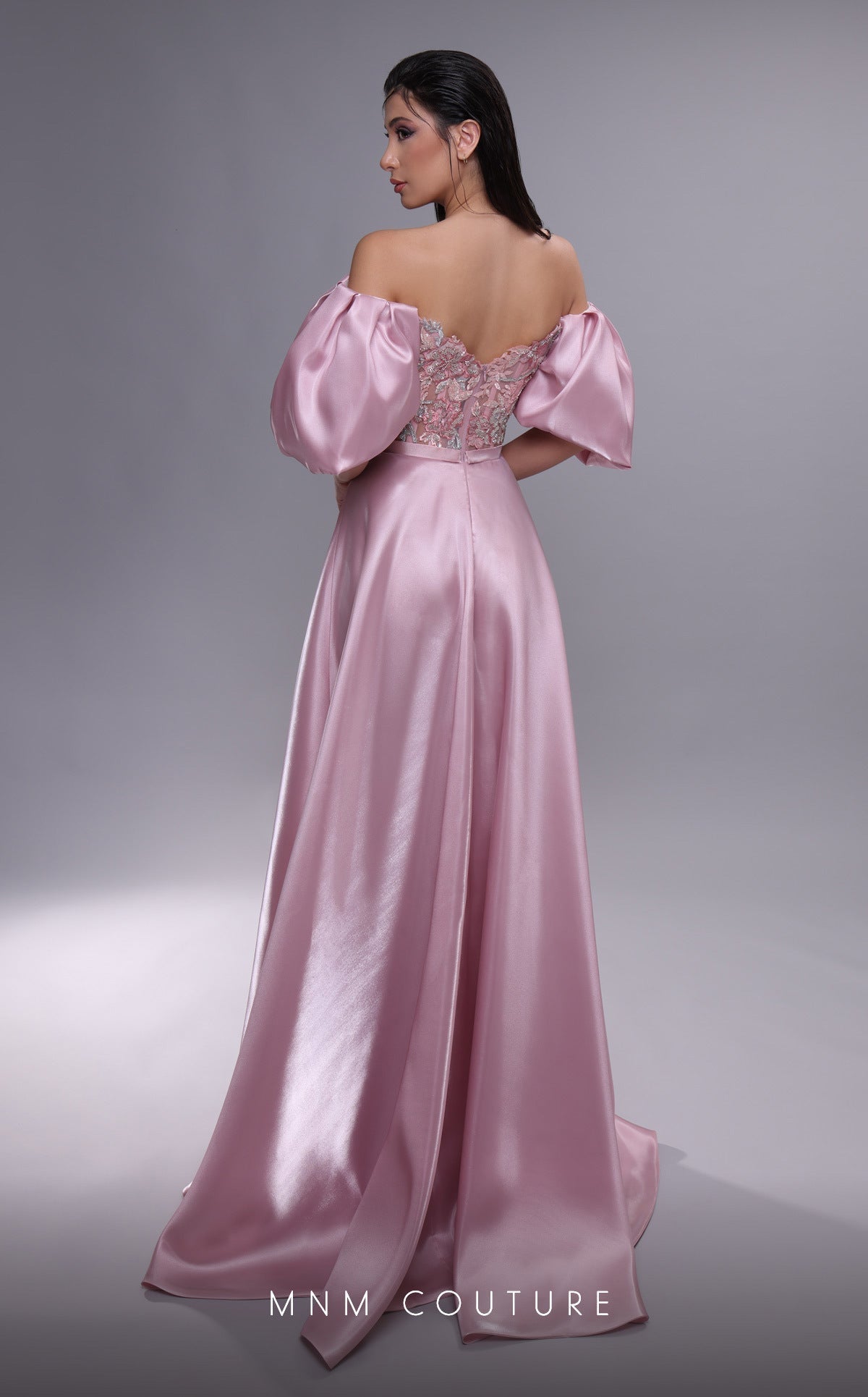MNM Couture K4094 Off-Shoulder Pink Gown with Open Back
