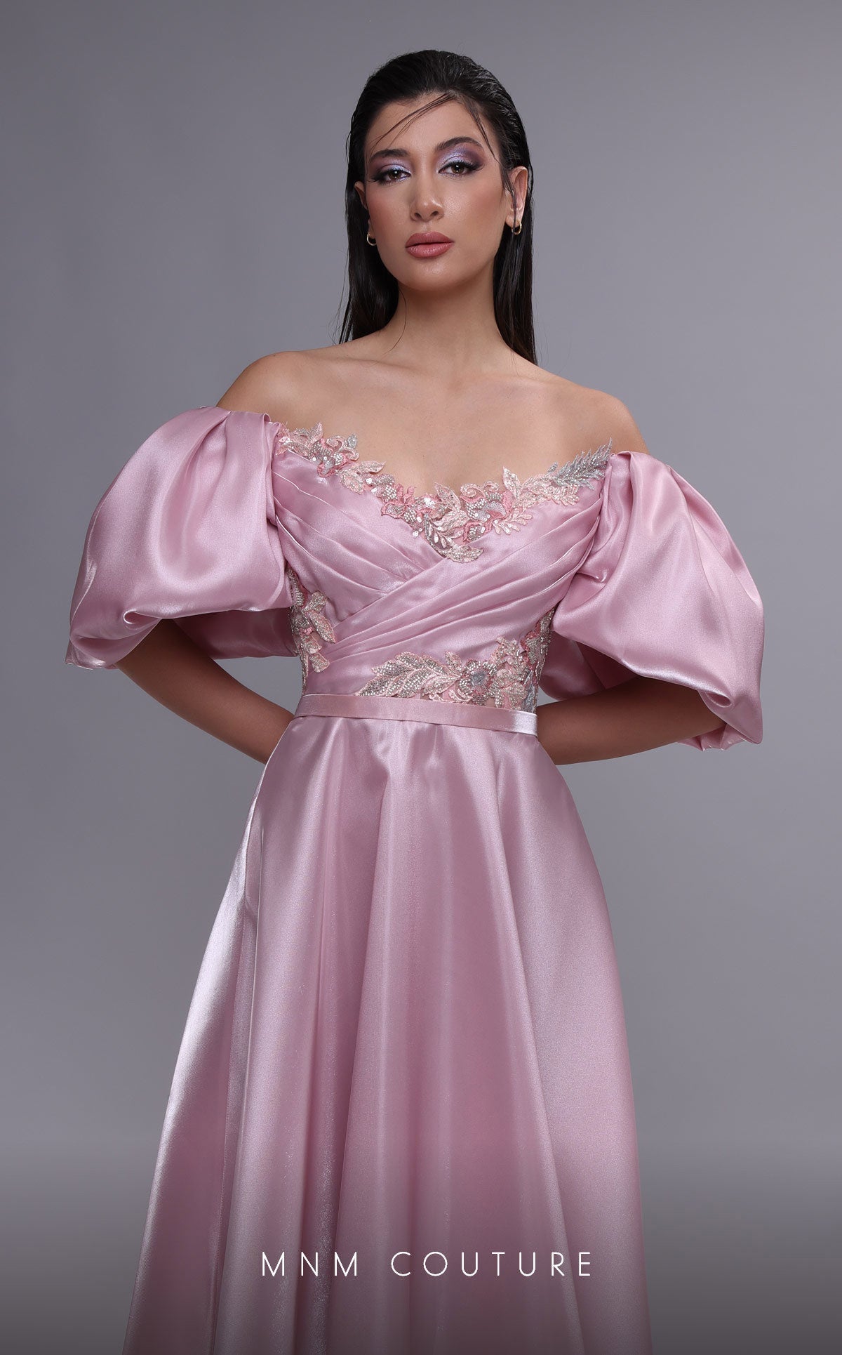 MNM Couture K4094 Off-Shoulder Pink Gown with Open Back