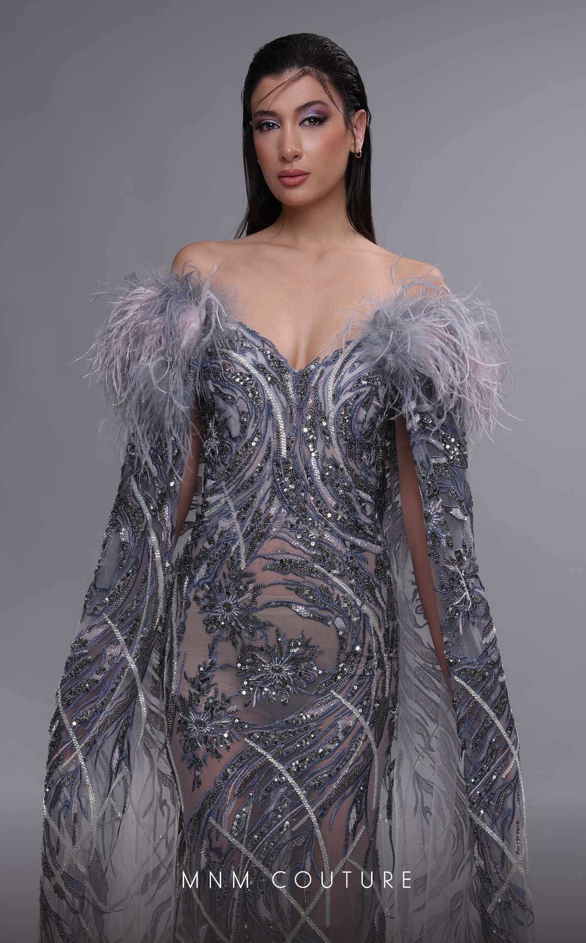 MNM Couture K4097 Grey Beaded Mermaid Gown with Feathers