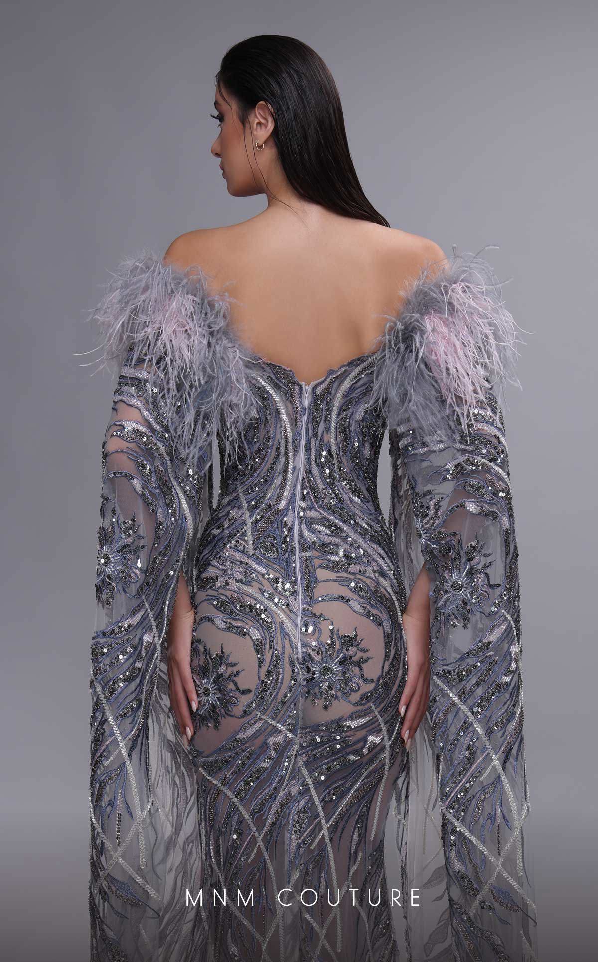 MNM Couture K4097 Grey Beaded Mermaid Gown with Feathers