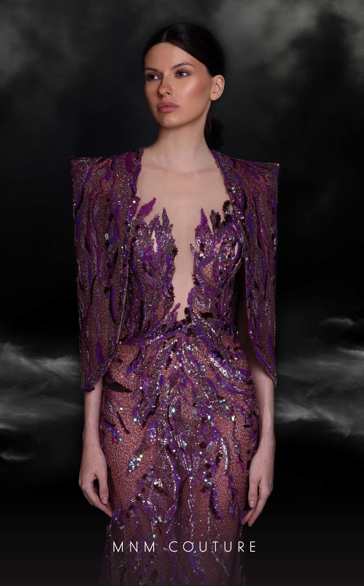 MNM Couture K4101 Purple Mermaid Gown with Illusion Bodice & Bolero