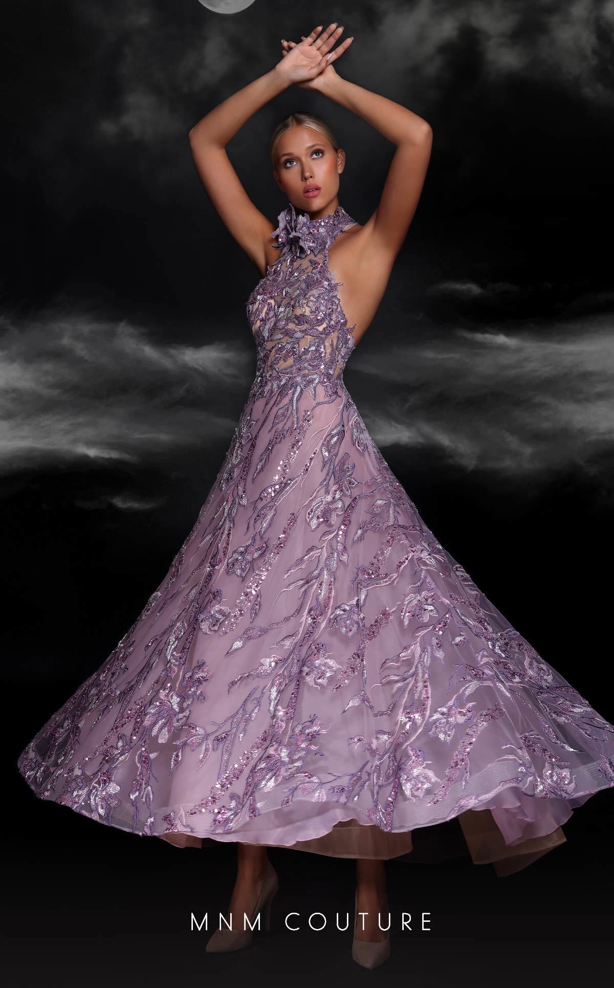 MNM Couture K4104 Purple Illusion Lace Gown