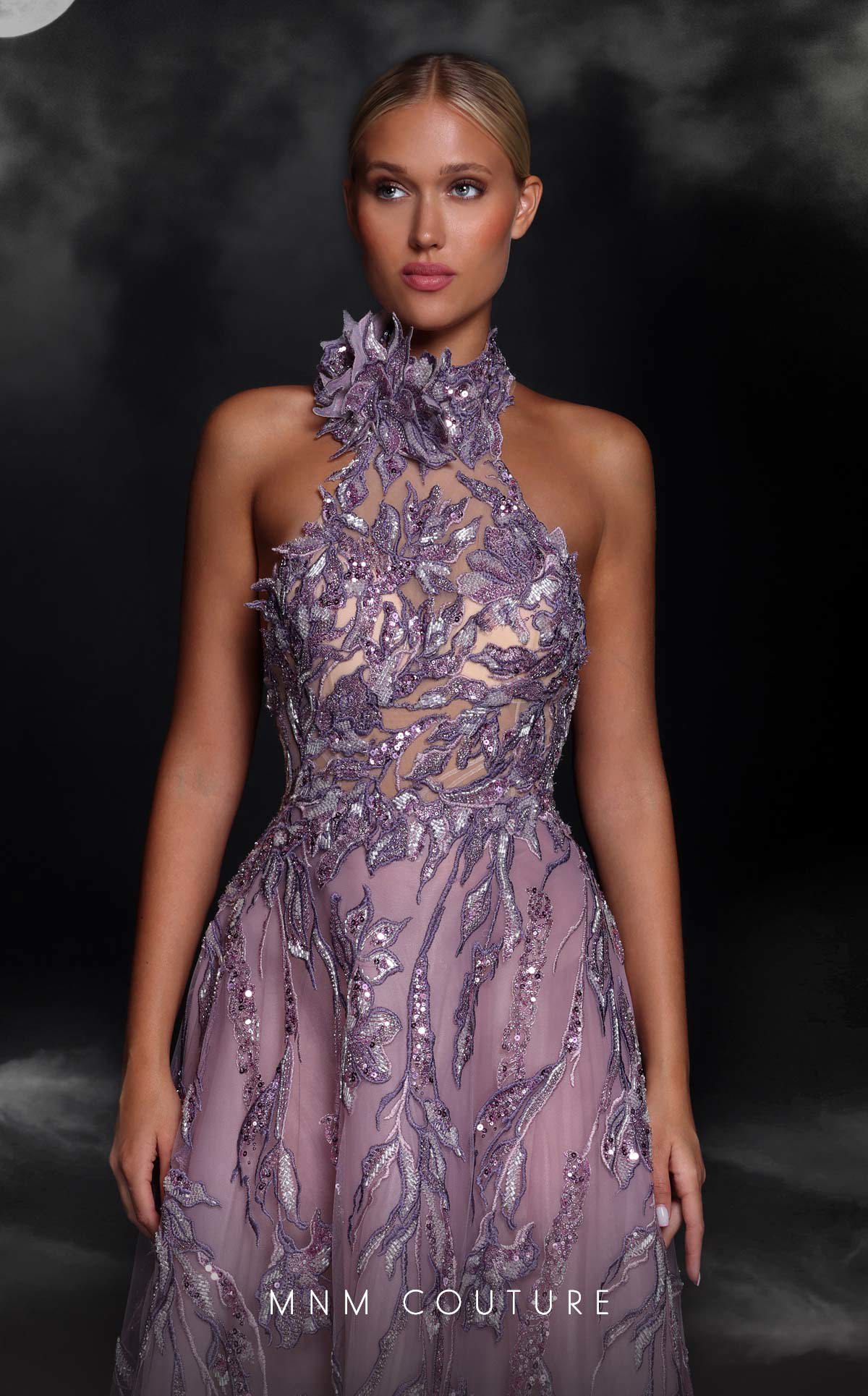 MNM Couture K4104 Purple Illusion Lace Gown
