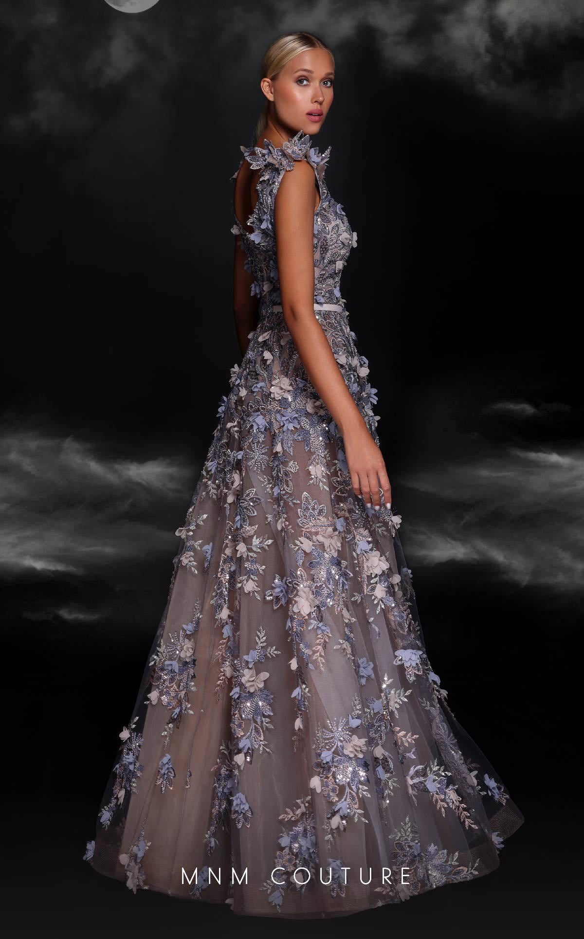 MNM Couture K4106 Grey A-Line Gown with 3D Floral Detailing
