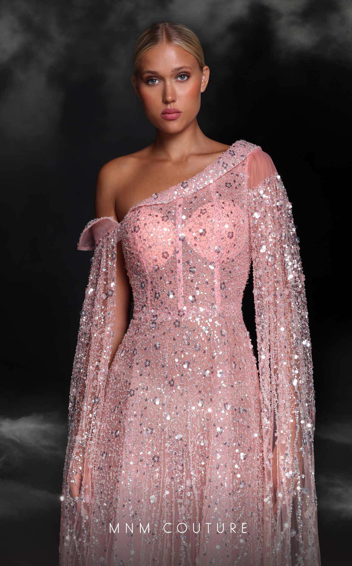 MNM Couture K4107 Salmon Asymmetric Gown with Cape Sleeves