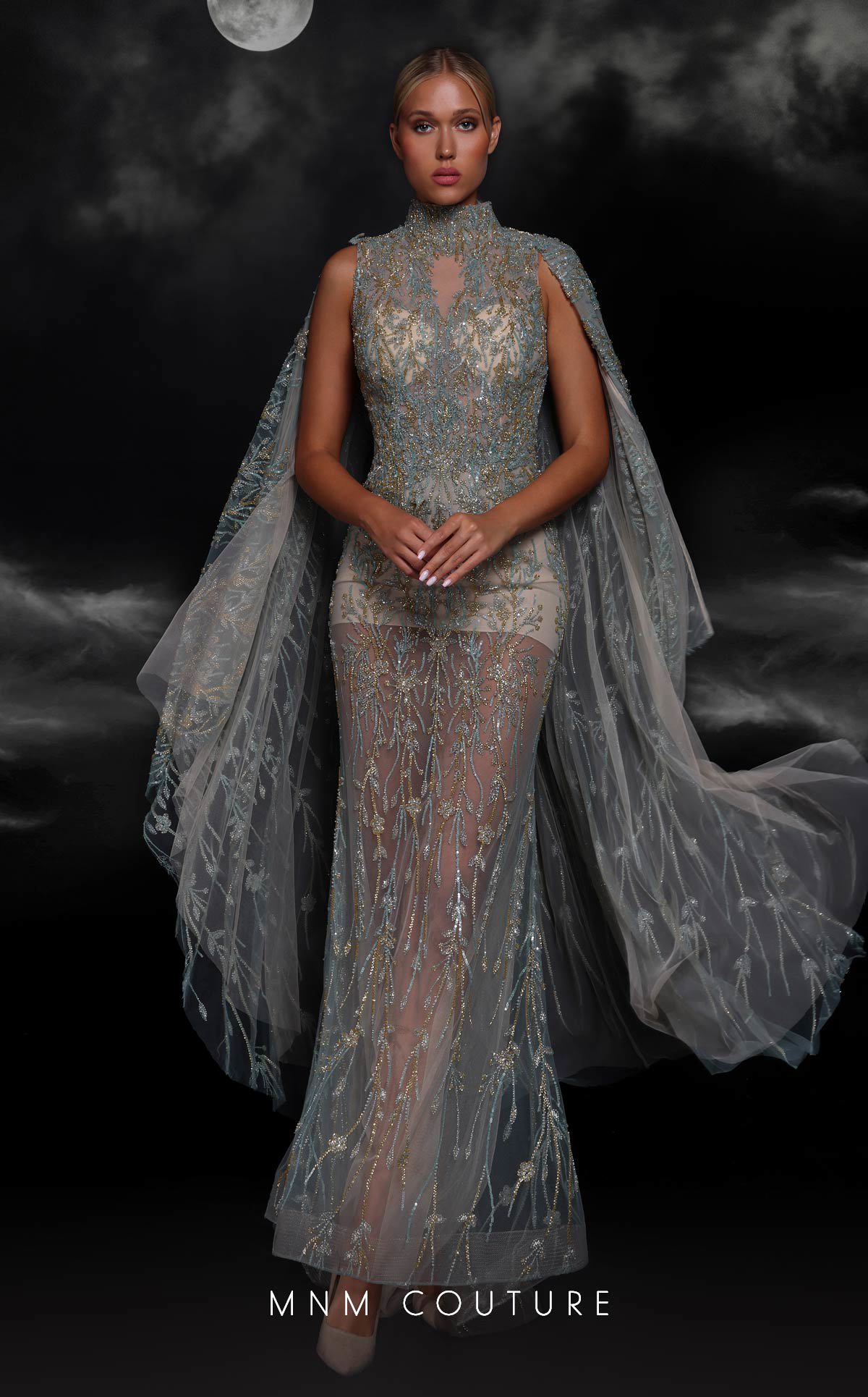 MNM Couture K4119 High Neck Beaded Cape Gown in Tiffany