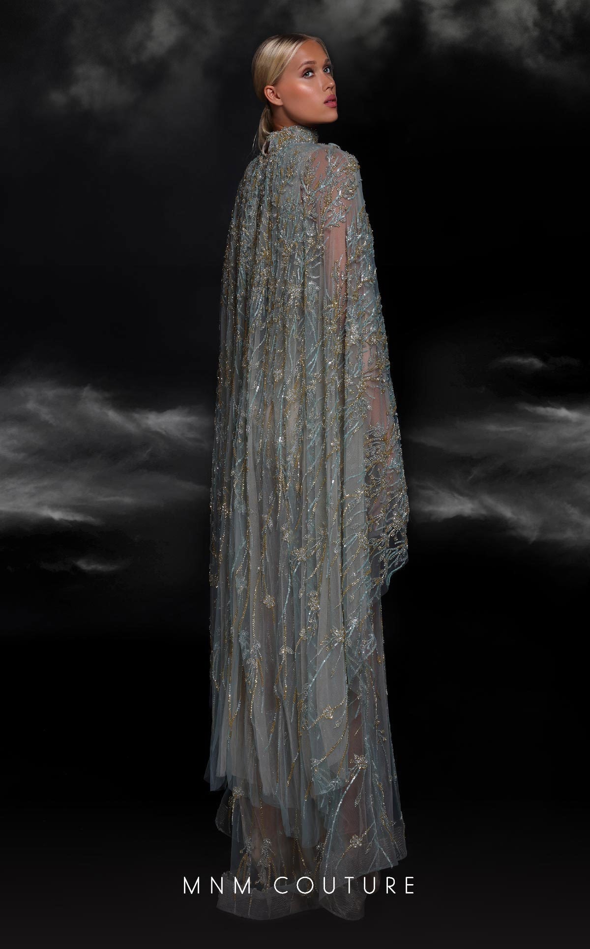 MNM Couture K4119 High Neck Beaded Cape Gown in Tiffany