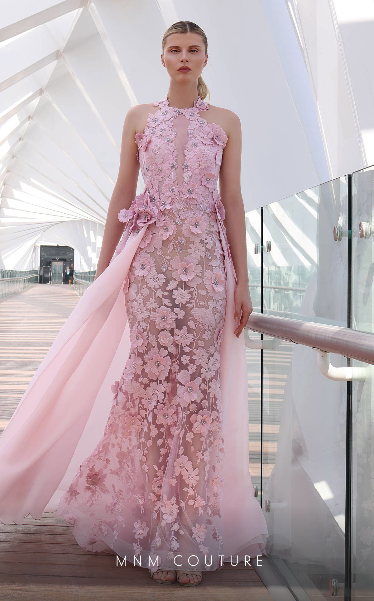 MNM Couture K4128 Pink 3D Floral Illusion Gown