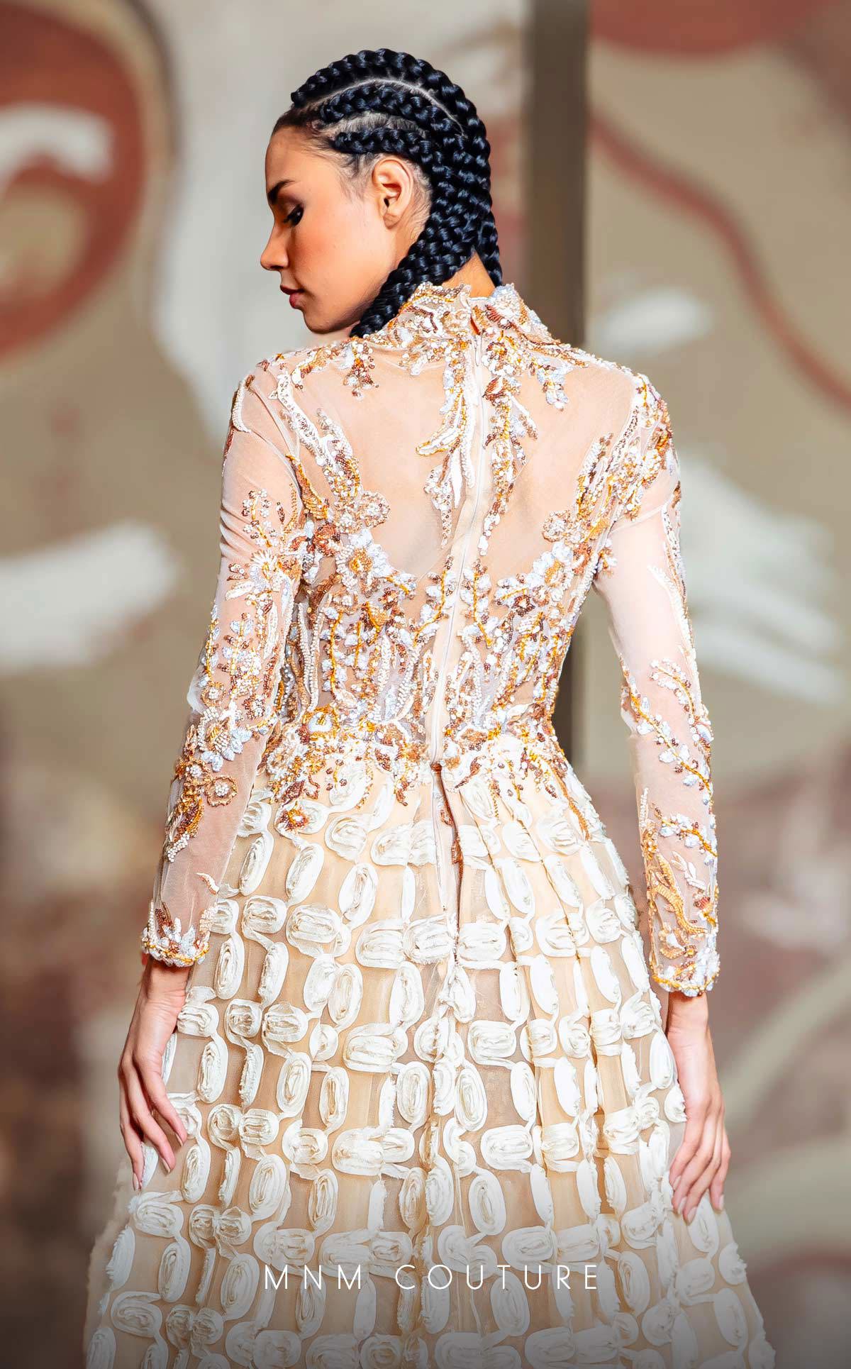 MNM Couture K4149 High-Neck Embellished Sheer Gown in Beige