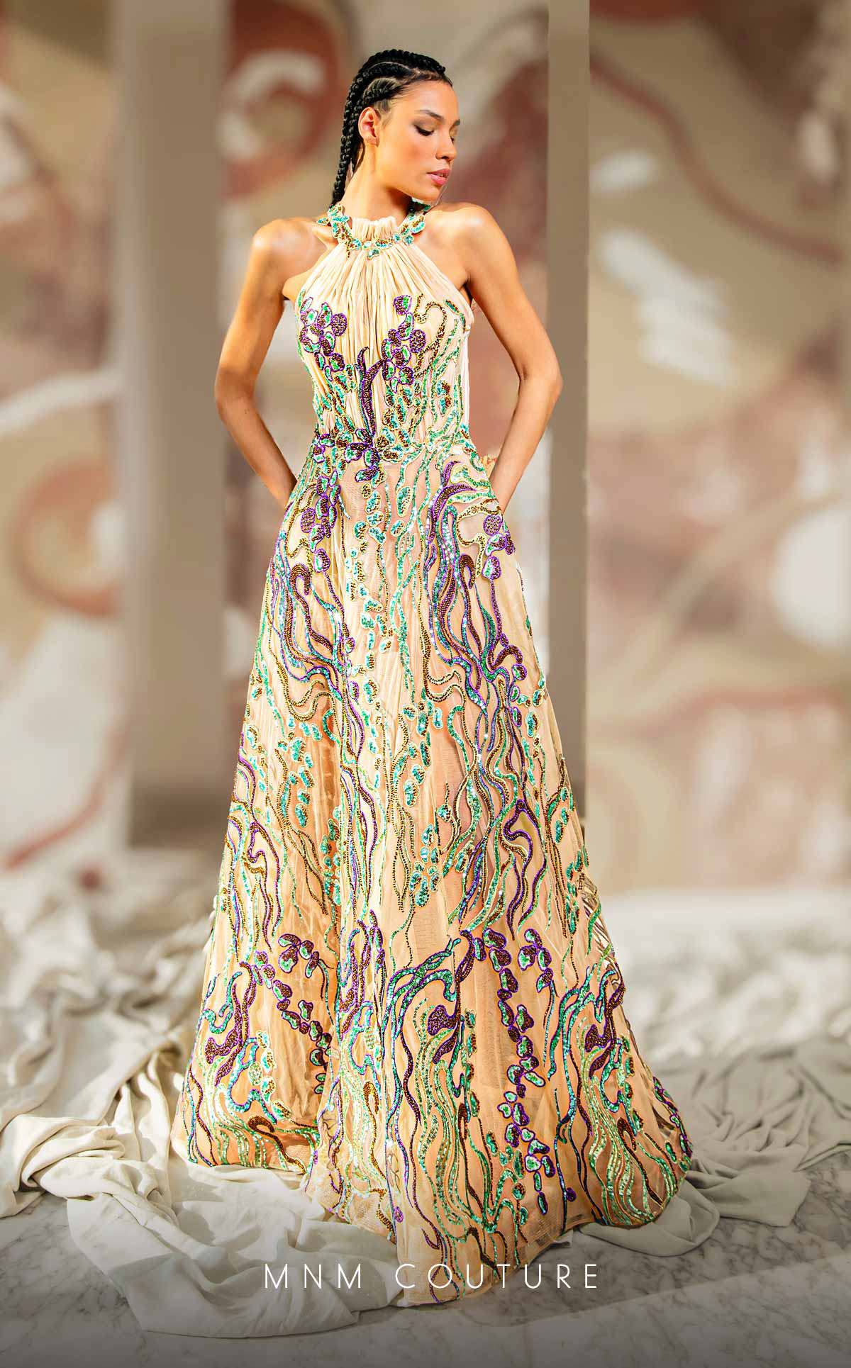 MNM Couture K4167 Nude Embroidered Gown with Green & Purple Sequins