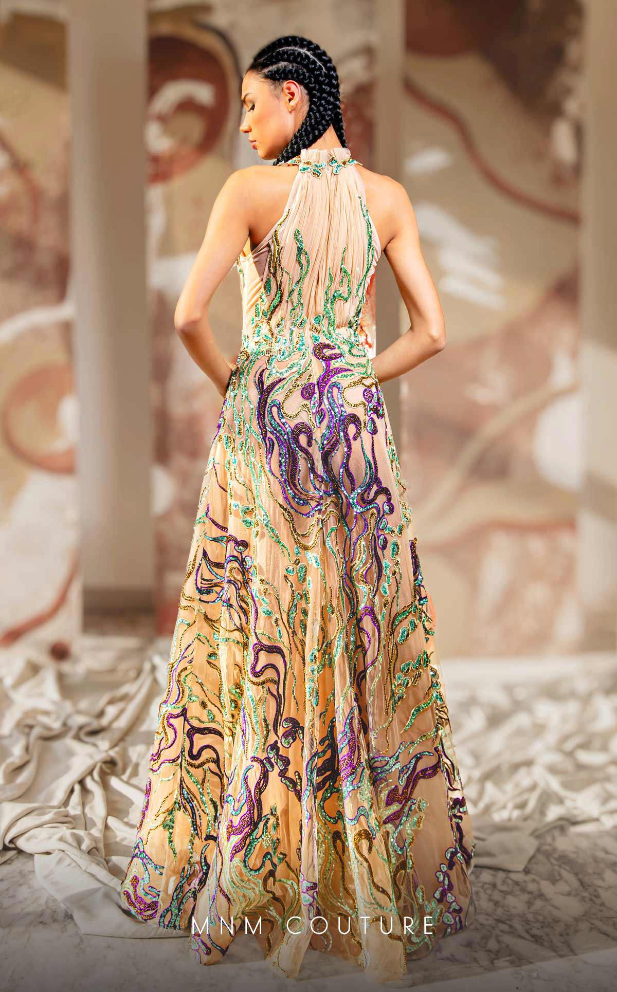 MNM Couture K4167 Nude Embroidered Gown with Green & Purple Sequins