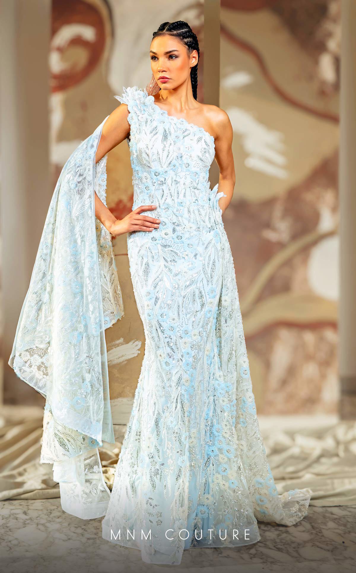 MNM Couture K4173 One-Shoulder Blue Embroidered Evening Gown