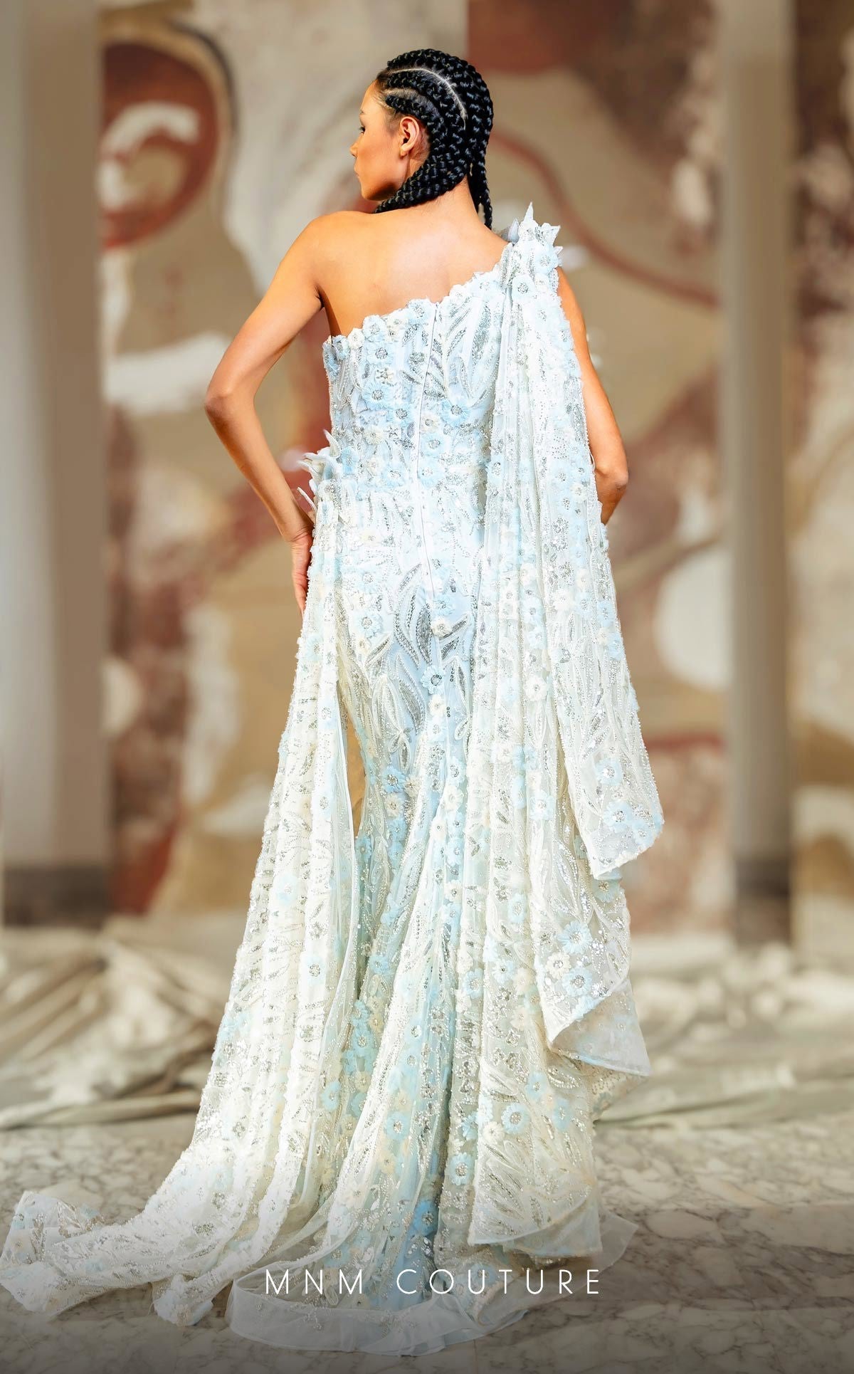 MNM Couture K4173 One-Shoulder Blue Embroidered Evening Gown