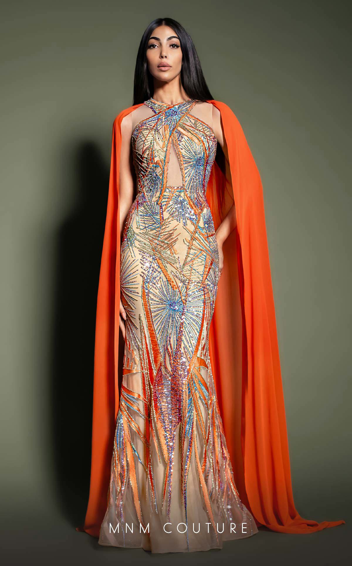 MNM Couture K4186 Embellished Illusion Orange Gown with Cape