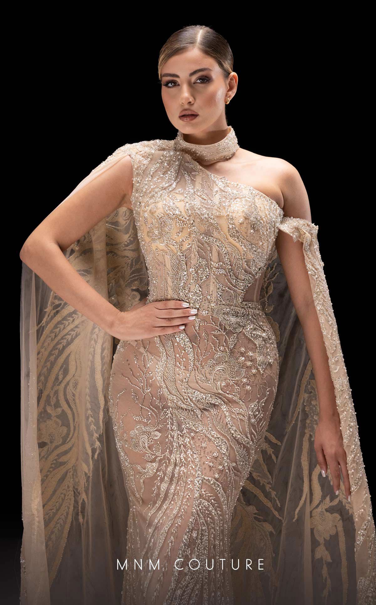 MNM Couture K4241 One-Shoulder Long Gown in Beige