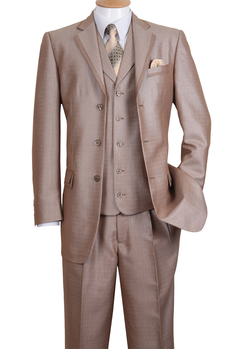 Tan 3 Button Vested Suit with Lapel Trim