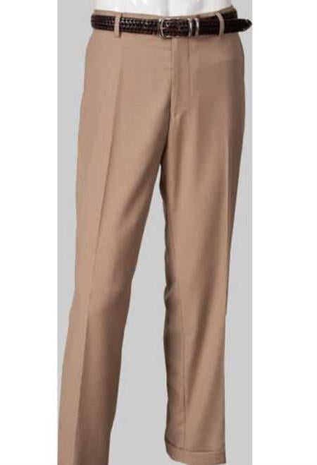 Men's Tan Slim Fit Flat-Front Dress Men's Tapered Men's Dress Pants - Cheap Priced Dress Slacks For Men On Sale