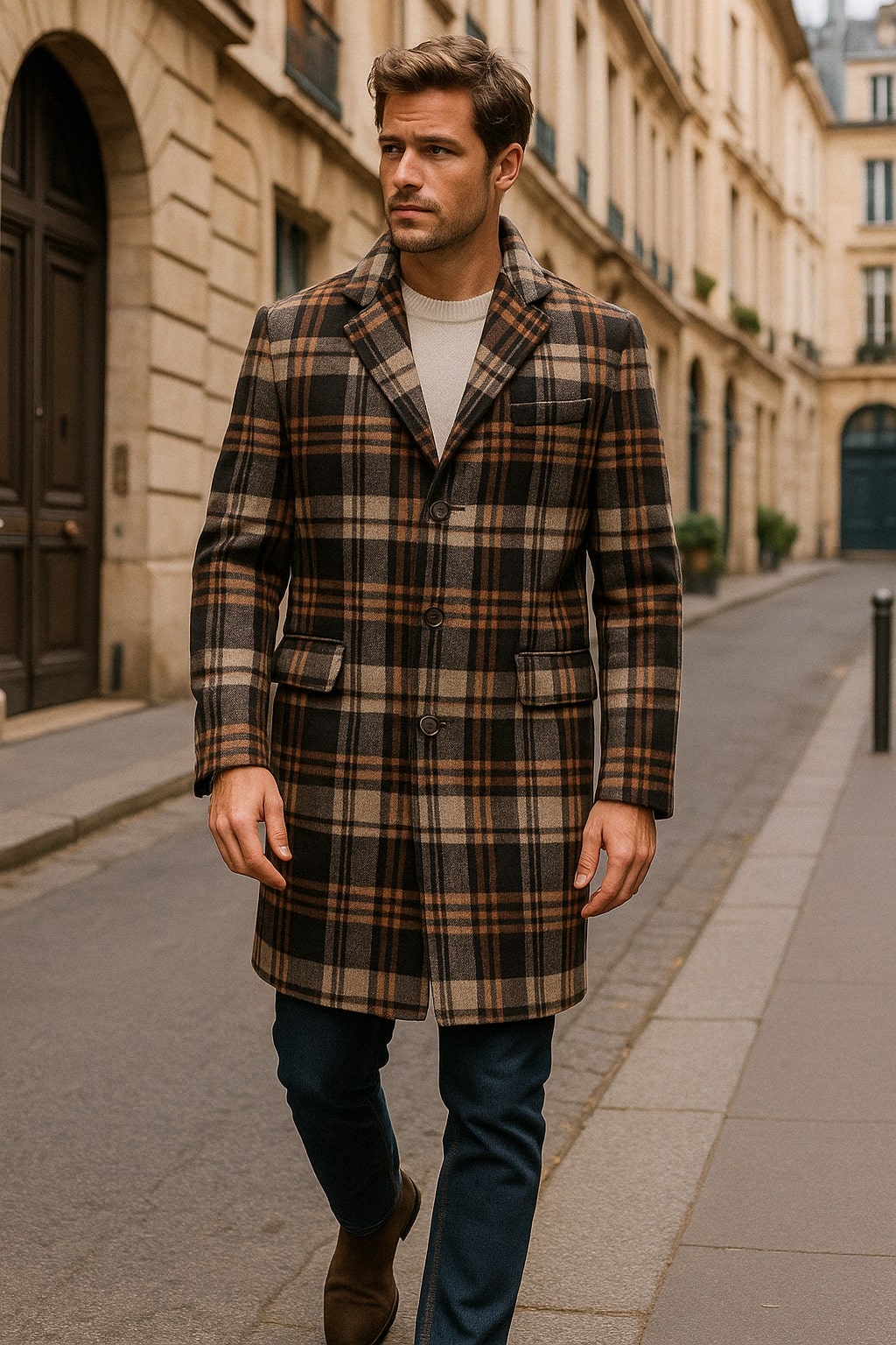 Plaid Wool Overcoat for Men in Khaki & Brown