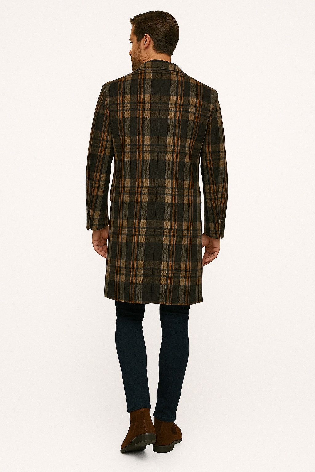 Plaid Wool Overcoat for Men in Khaki & Brown