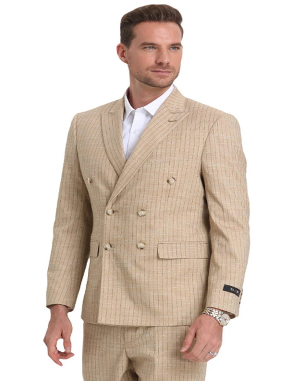 Khaki Slim Fit Double Breasted Pinstripe Tuxedo