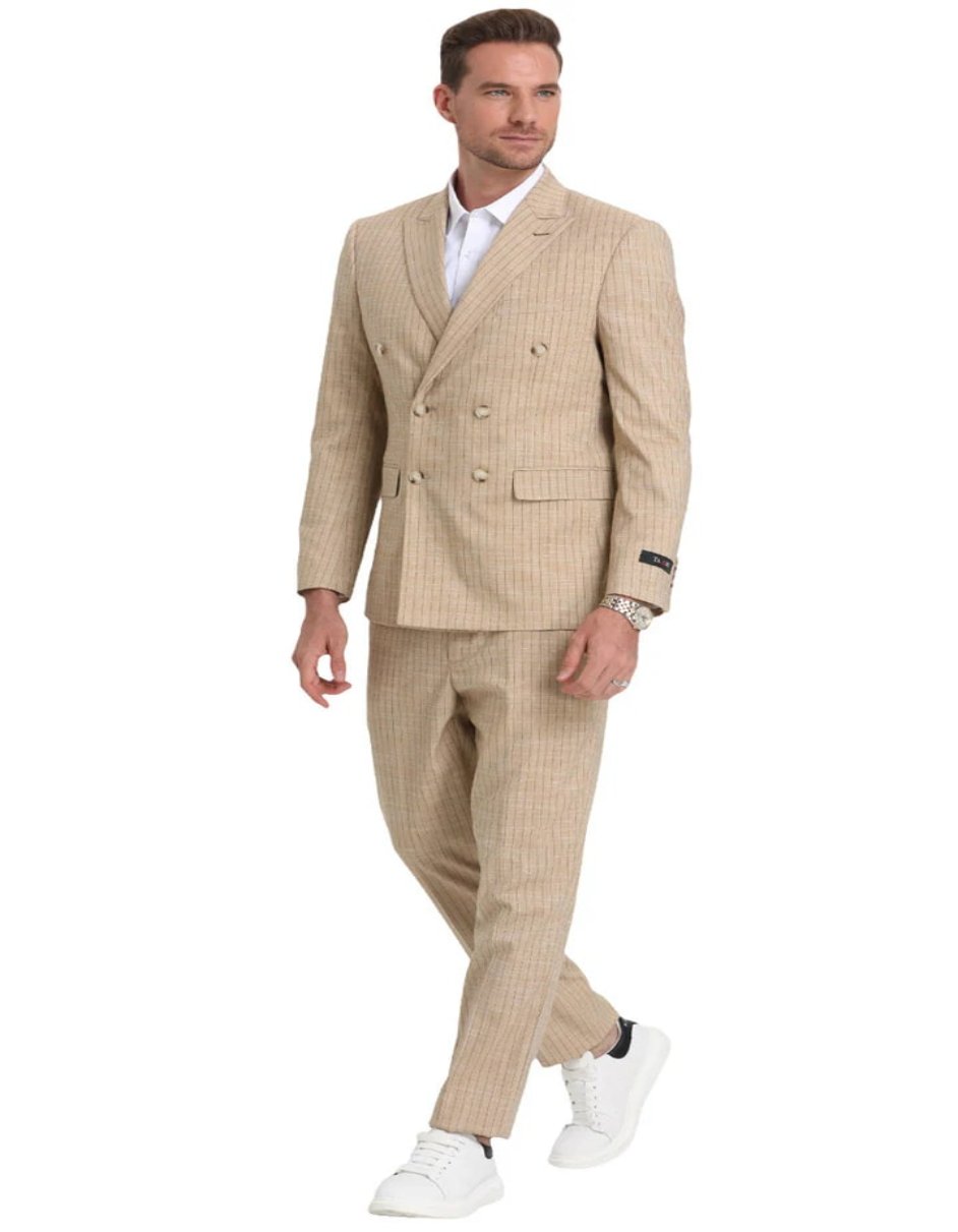 Khaki Slim Fit Double Breasted Pinstripe Tuxedo