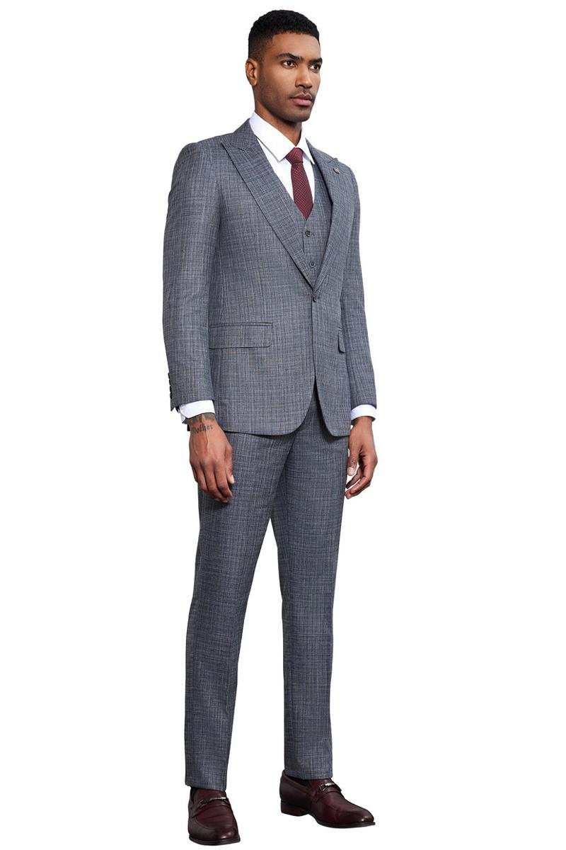 Stacy Adams Grey Sharkskin Weave Vested Suit