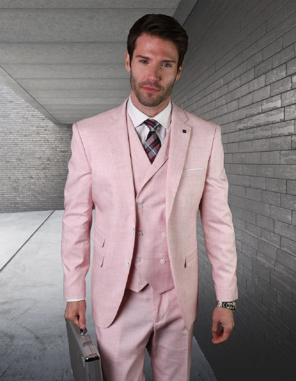 Slim Fit Pink Suit with Double Breasted Vest