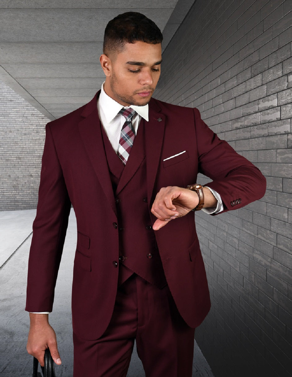 Burgundy Slim Fit Wool Suit with Double Breasted Vest