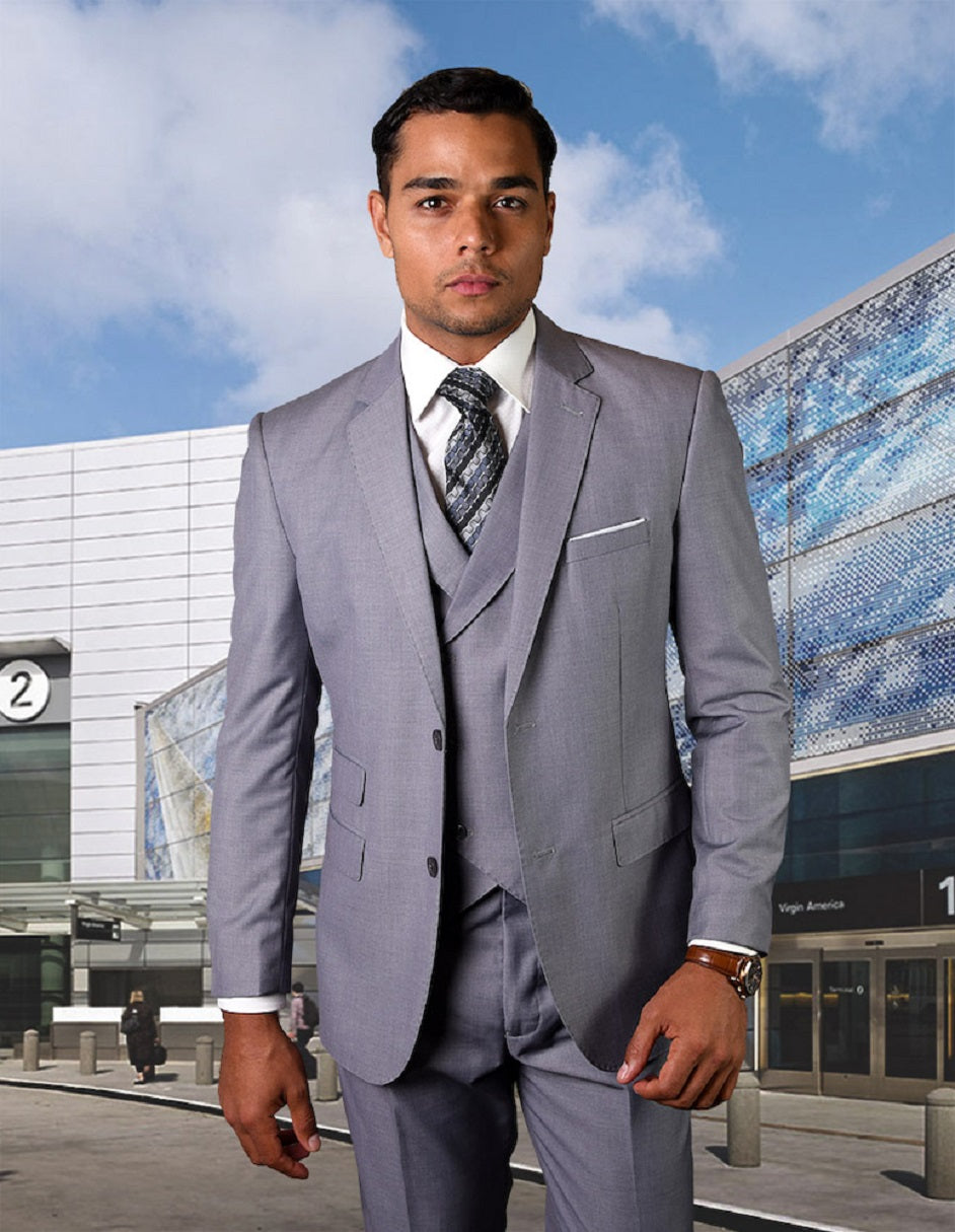 Grey Wool Slim Suit with Double Breasted Vest