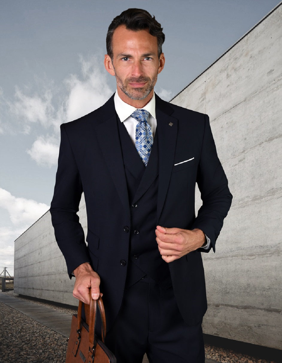 Navy Slim Fit Wool Suit with Double Breasted Vest