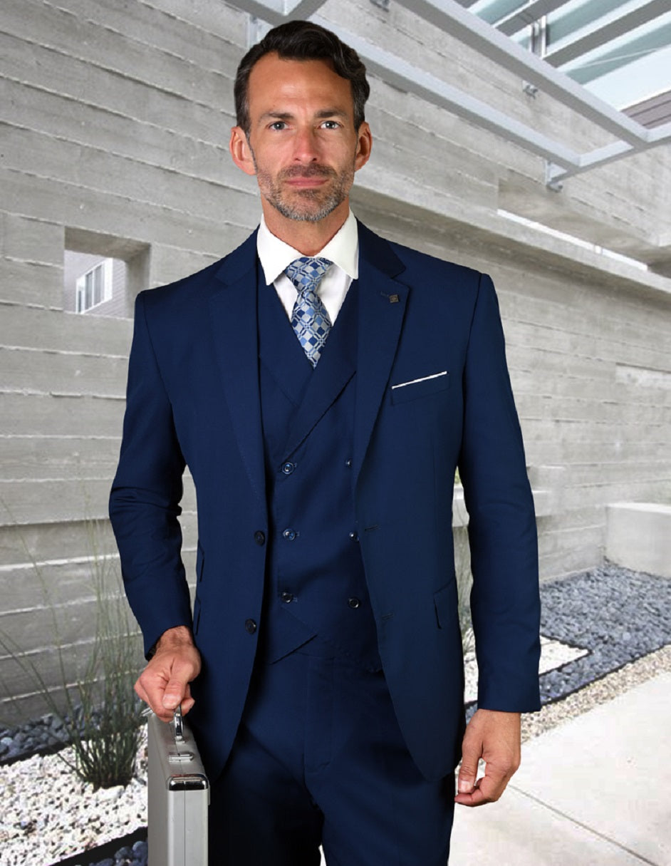 Sapphire Blue Slim Fit Suit with Double Breasted Vest