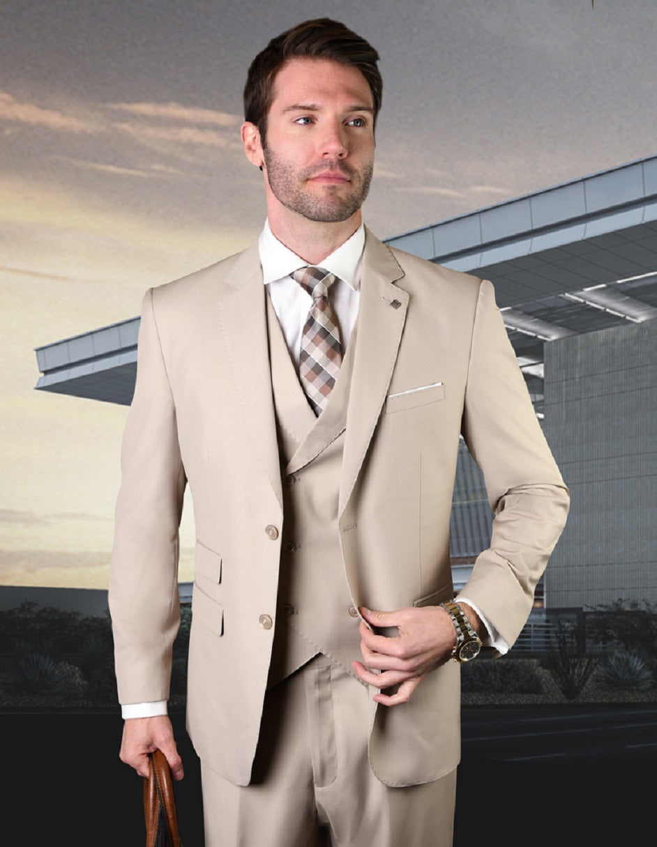 Tan Slim Fit Wool Suit with Double Breasted Vest
