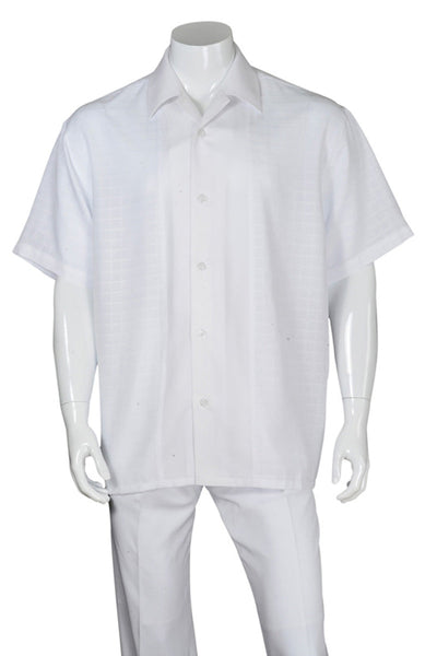 Mens Short Sleeve Tonal Windowpane Leisure Set in White