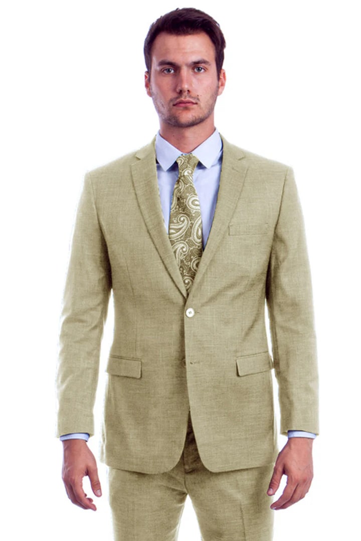 Modern Two Button Linen Look Suit - Light Beige