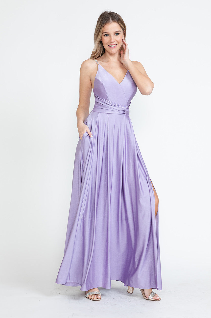 Evening Dress V-Neck Thigh Slit A-Line Formal Gown By Lenovia 5275