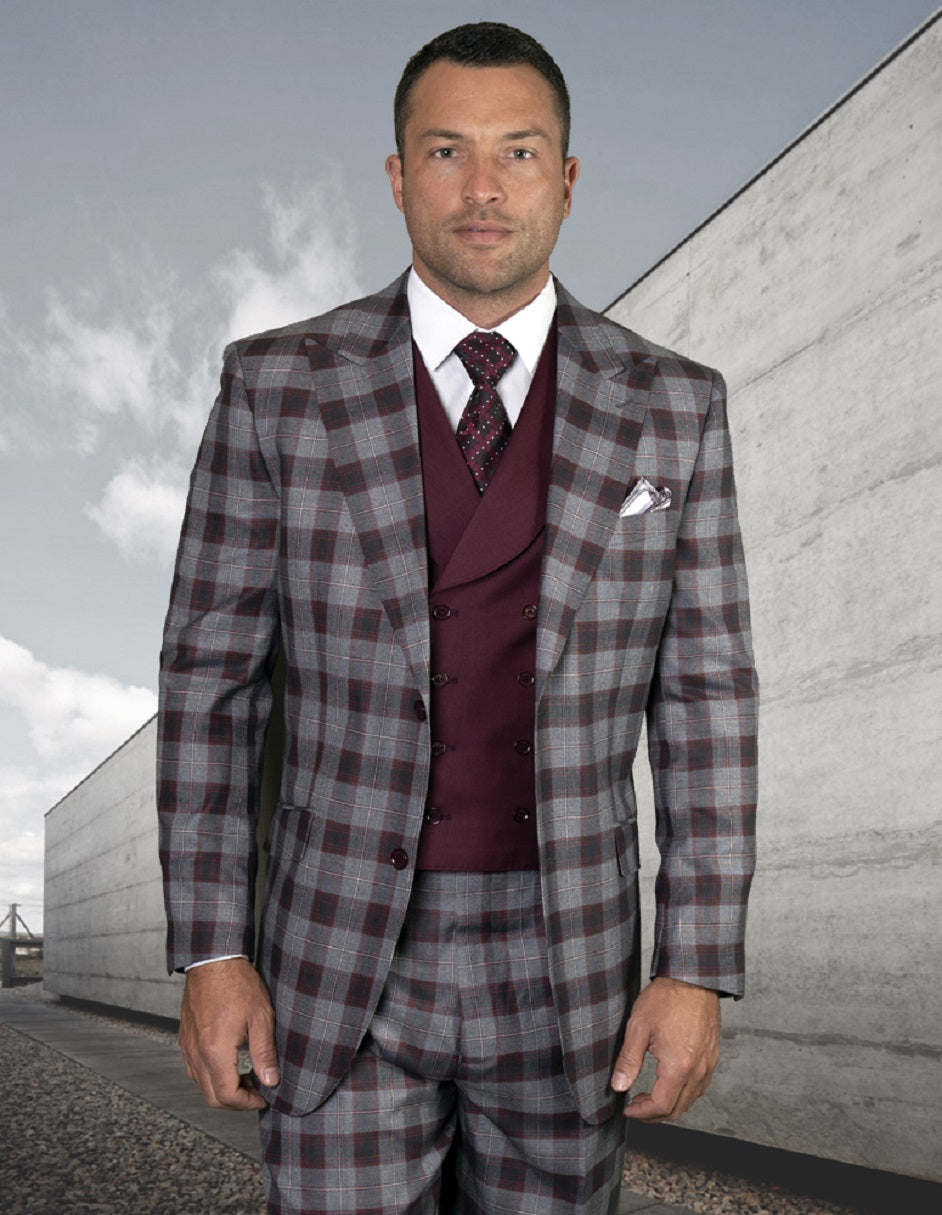 Burgundy Plaid Wool Suit with Peak Lapel & Vest