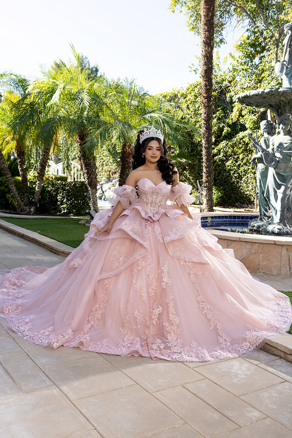 Quinceañera Ball Gown with Corset Bodice 3D Lace Appliqués & Detachable Train By Layla K LK289