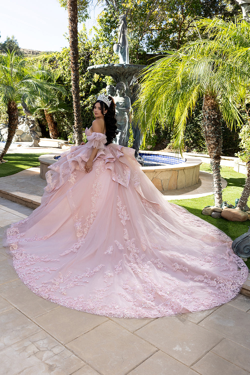 Quinceañera Ball Gown with Corset Bodice 3D Lace Appliqués & Detachable Train By Layla K LK289