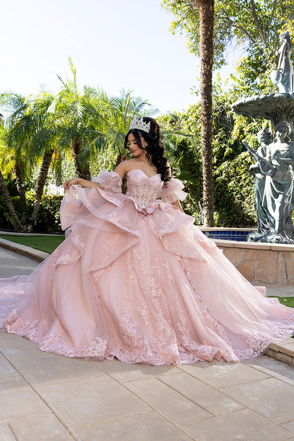 Quinceañera Ball Gown with Corset Bodice 3D Lace Appliqués & Detachable Train By Layla K LK289