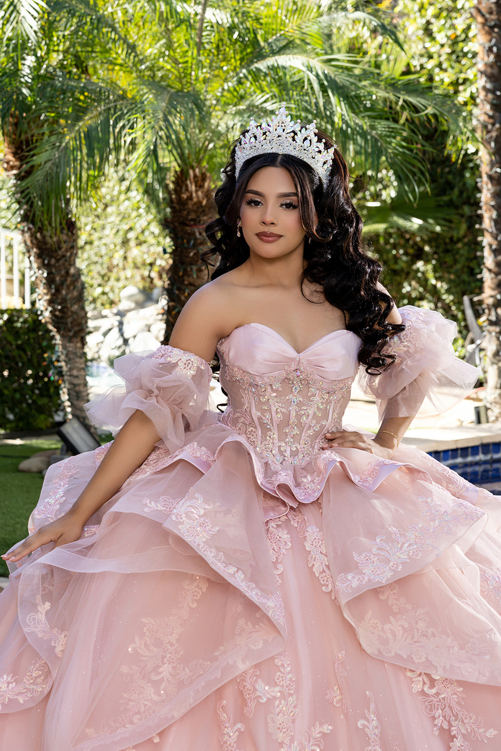 Quinceañera Ball Gown with Corset Bodice 3D Lace Appliqués & Detachable Train By Layla K LK289