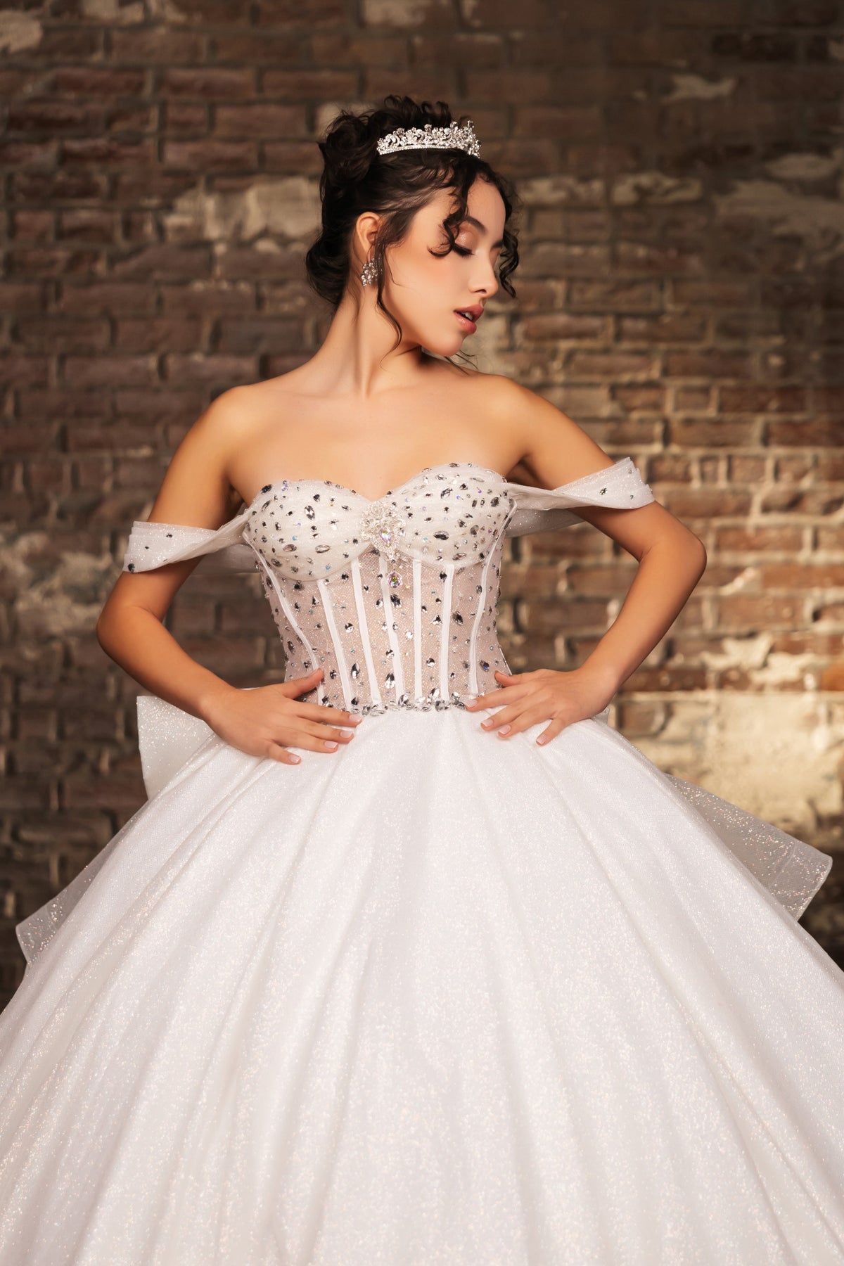 Layla K LK281 Off-White Crystal Embellished Corset Ball Gown Glitter Quinceañera Dress
