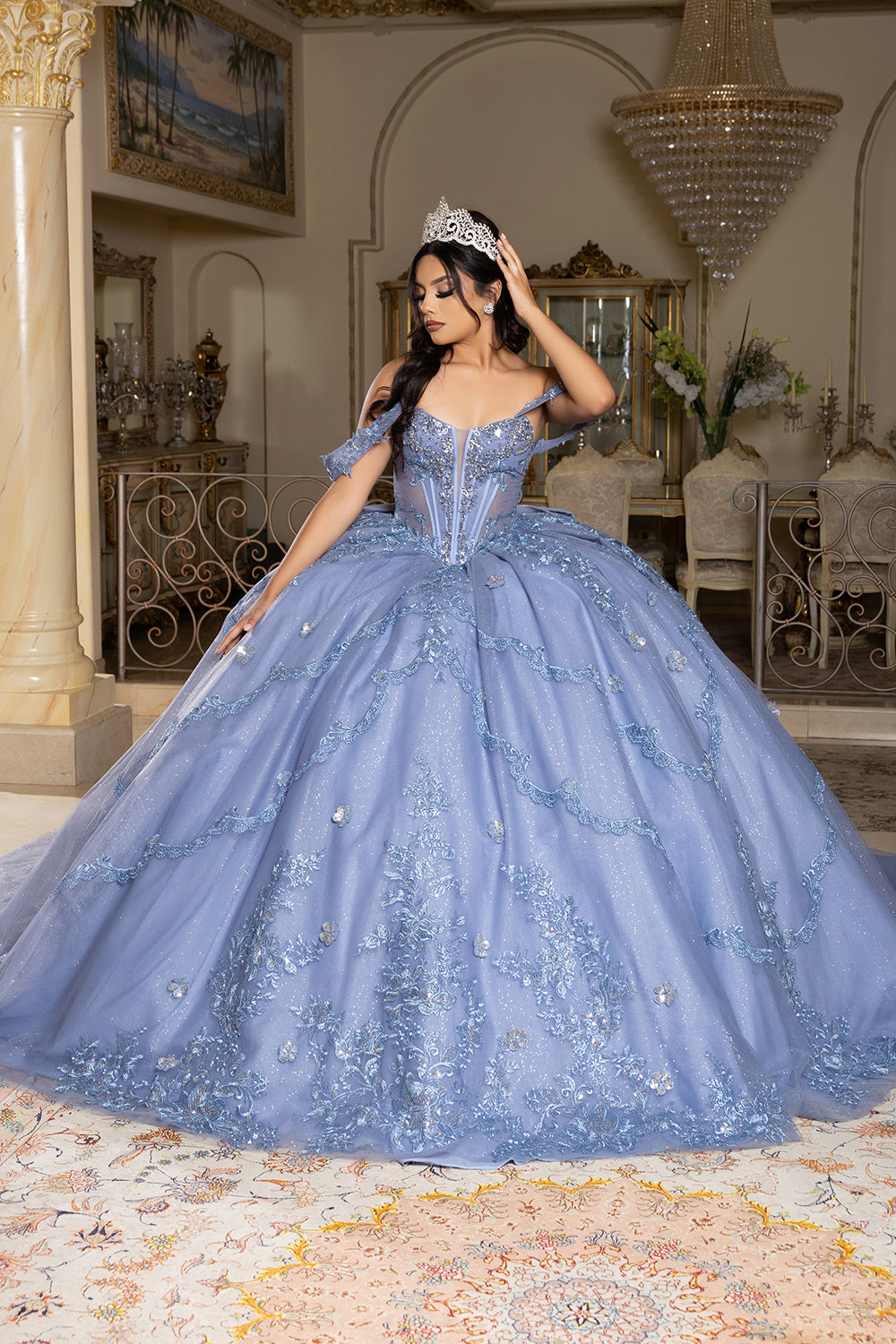 Off-Shoulder Quinceañera Ball Gown with Beaded Lace Appliques and Royal Train by Layla K LK283