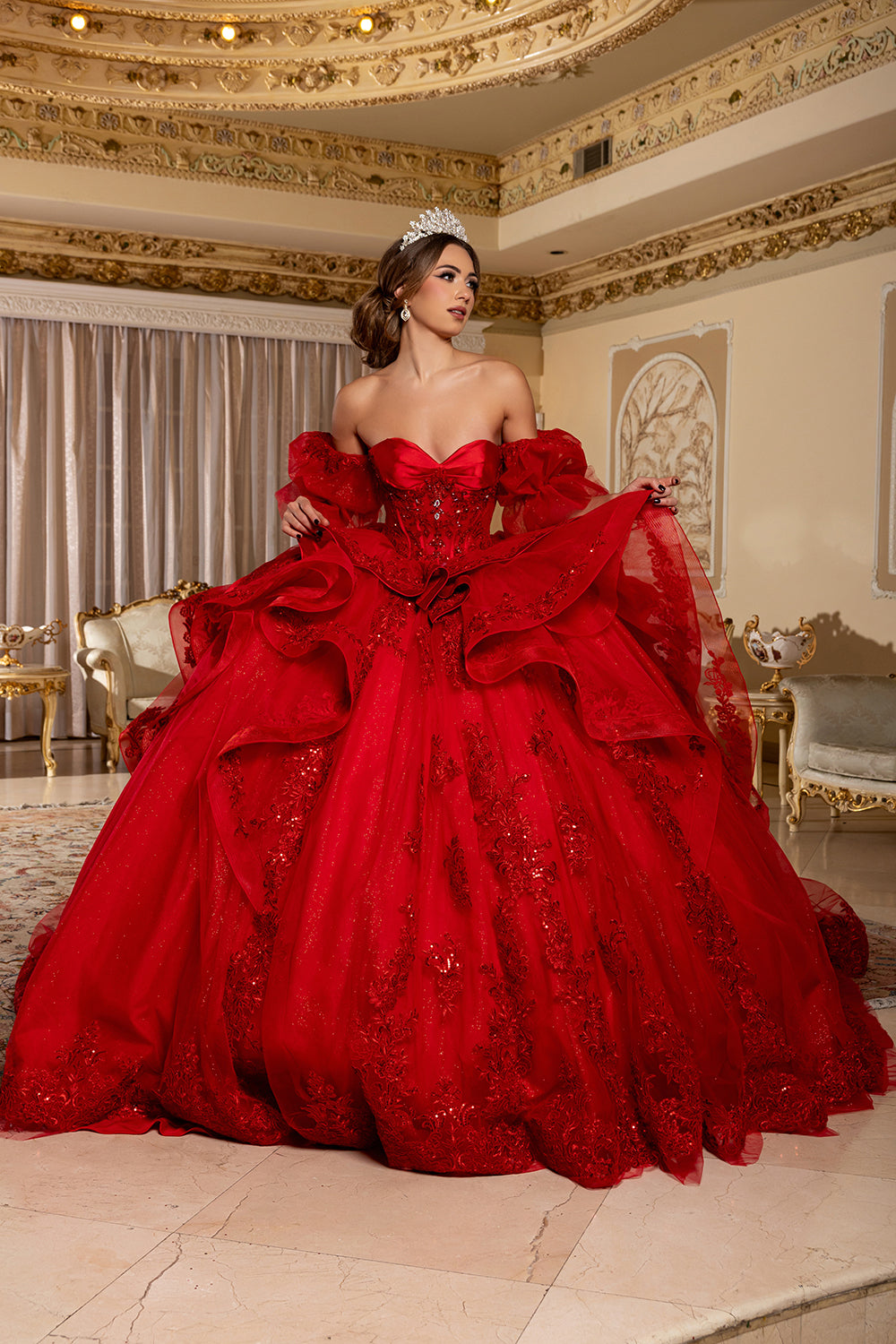 Quinceañera Ball Gown with Corset Bodice 3D Lace Appliqués & Detachable Train By Layla K LK289