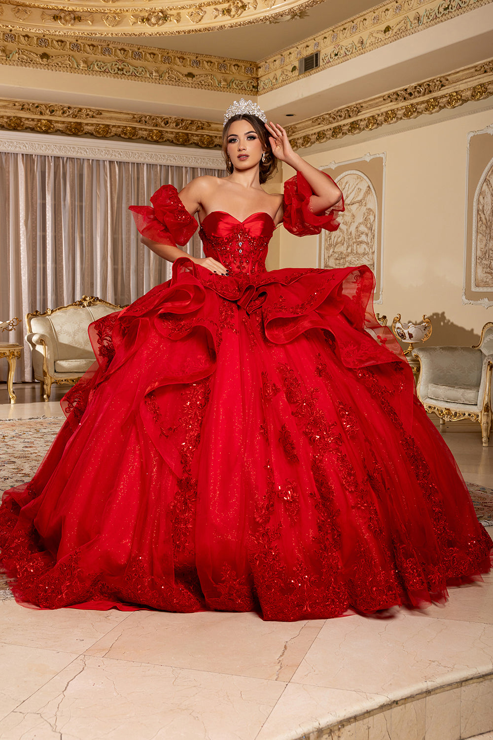 Quinceañera Ball Gown with Corset Bodice 3D Lace Appliqués & Detachable Train By Layla K LK289
