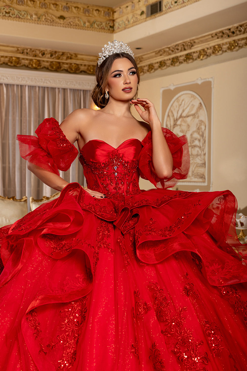 Quinceañera Ball Gown with Corset Bodice 3D Lace Appliqués & Detachable Train By Layla K LK289