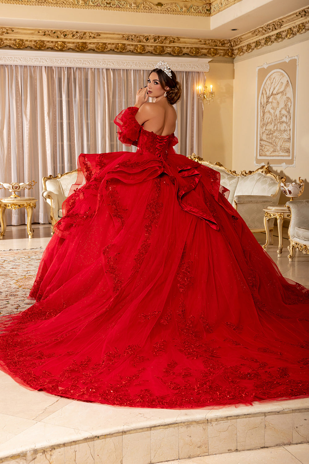 Quinceañera Ball Gown with Corset Bodice 3D Lace Appliqués & Detachable Train By Layla K LK289