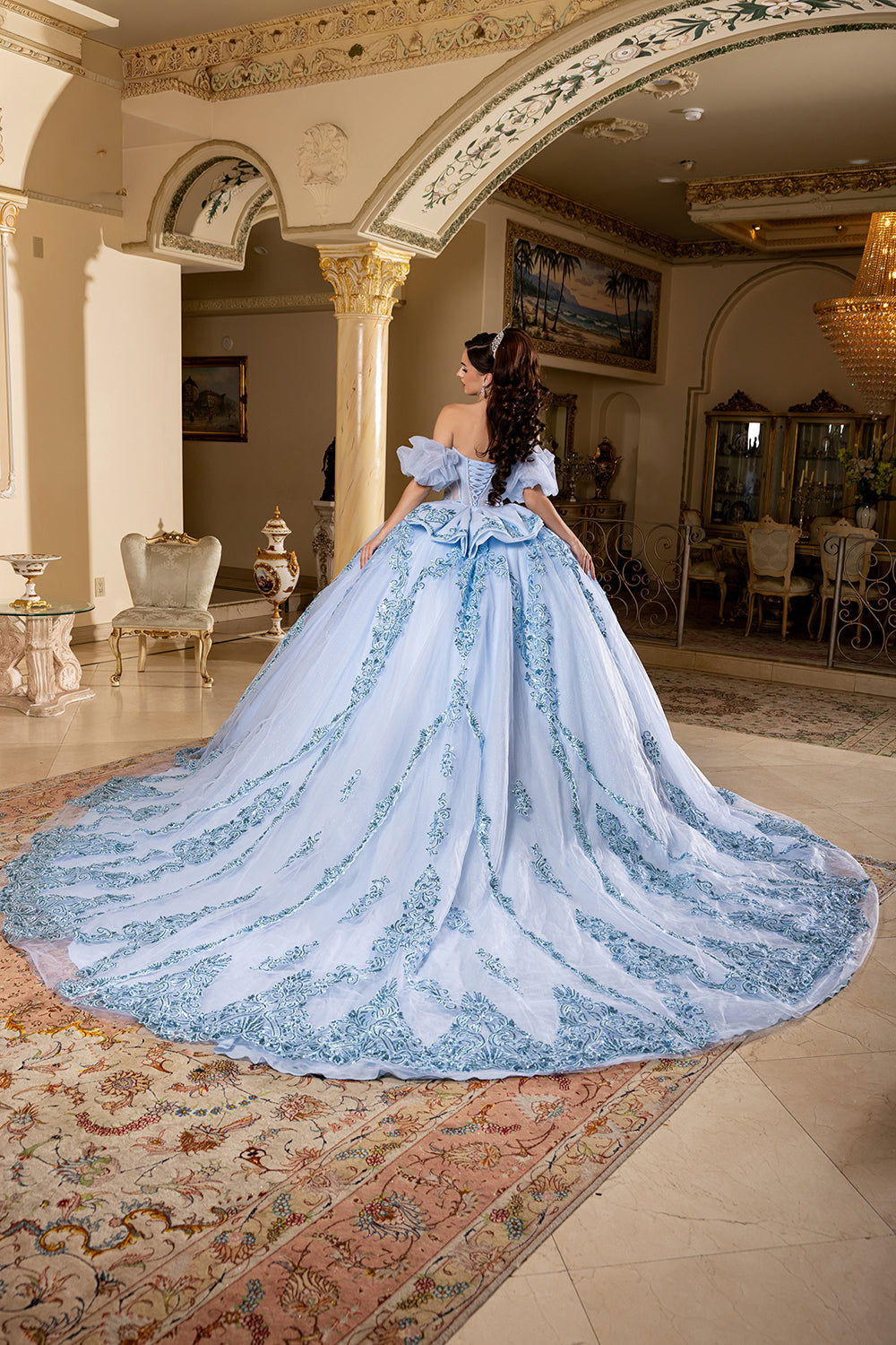 Quinceañera Ball Gown with Beaded Corset Bodice Lace Appliqués & Cathedral Train by Layla K LK290