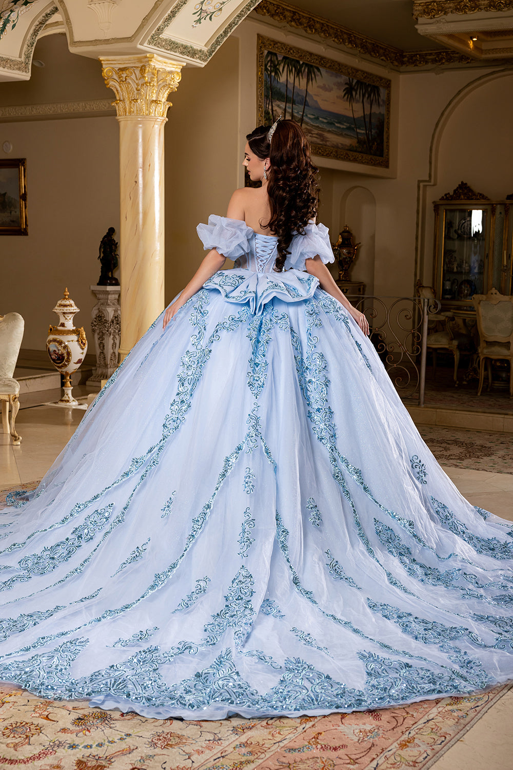 Quinceañera Ball Gown with Beaded Corset Bodice Lace Appliqués & Cathedral Train by Layla K LK290