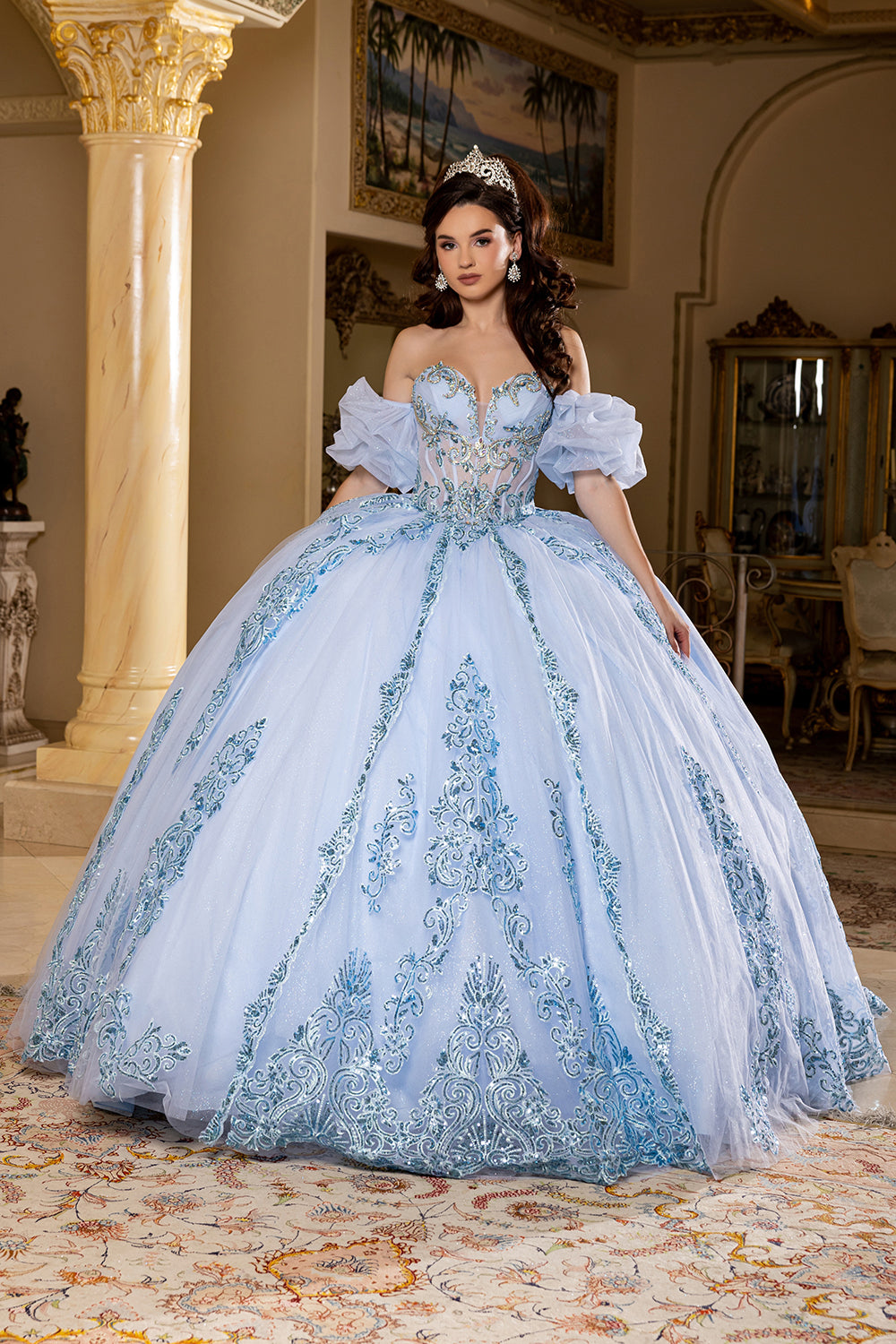 Quinceañera Ball Gown with Beaded Corset Bodice Lace Appliqués & Cathedral Train by Layla K LK290