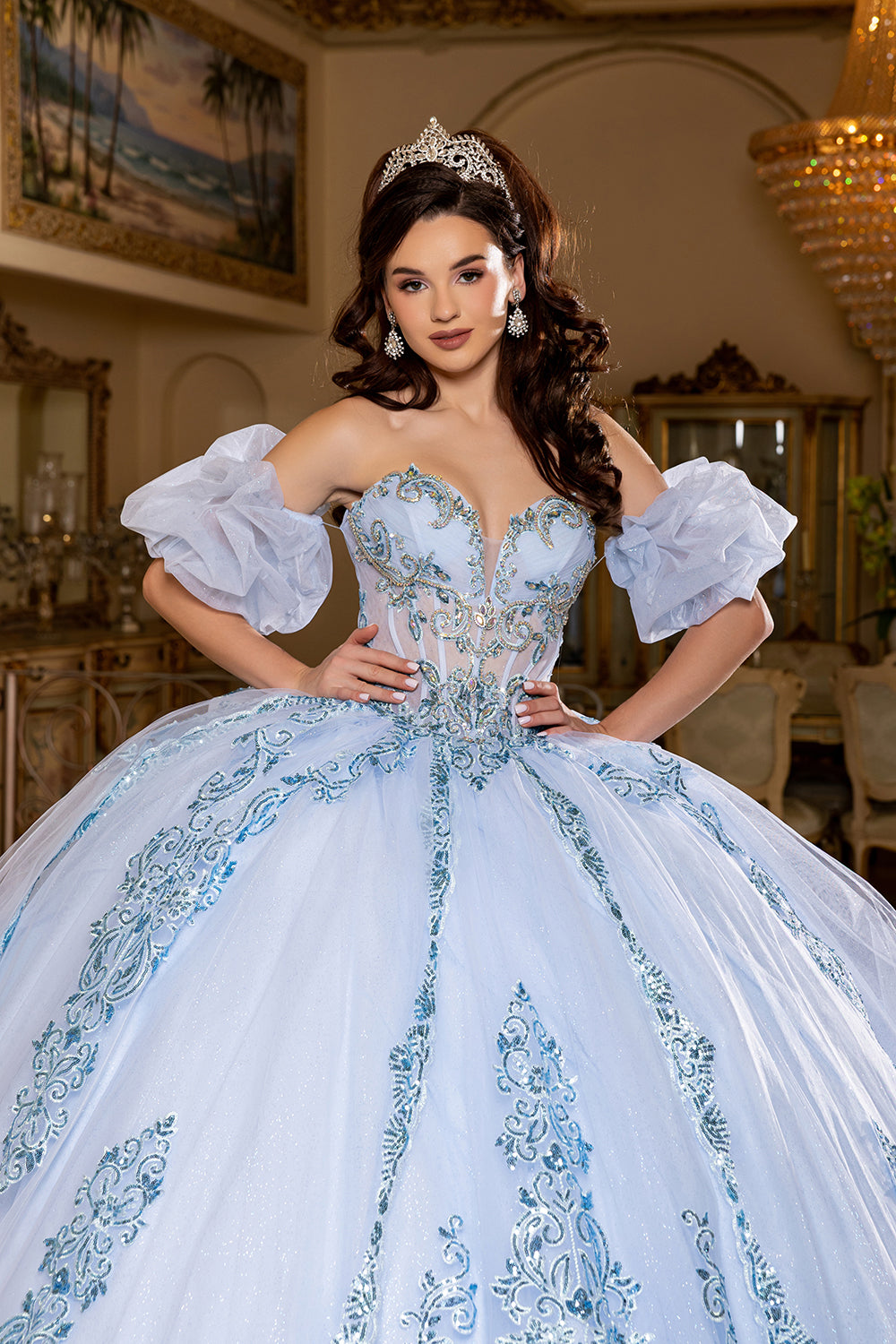 Quinceañera Ball Gown with Beaded Corset Bodice Lace Appliqués & Cathedral Train by Layla K LK290